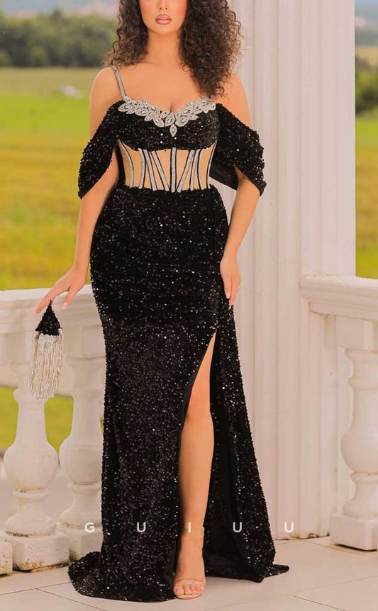 G4000 - Sexy & Hot Sheath Off Shoulder Straps Fully Beaded and Sequined Evening Party Prom Dress with Corset and High Side Slit