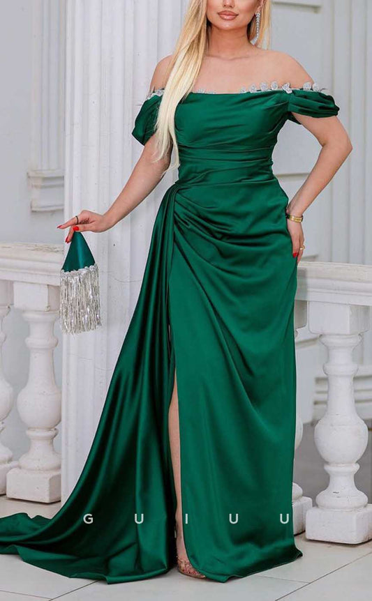 G4005 - Chic & Modern Sheath Off Shoulder Beaded and Draped Formal Party Prom Dress with High Side Slit and Overlay