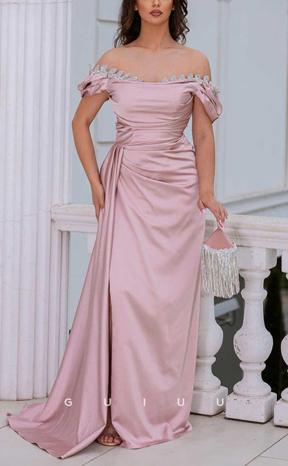 G4005 - Chic & Modern Sheath Off Shoulder Beaded and Draped Formal Party Prom Dress with High Side Slit and Overlay