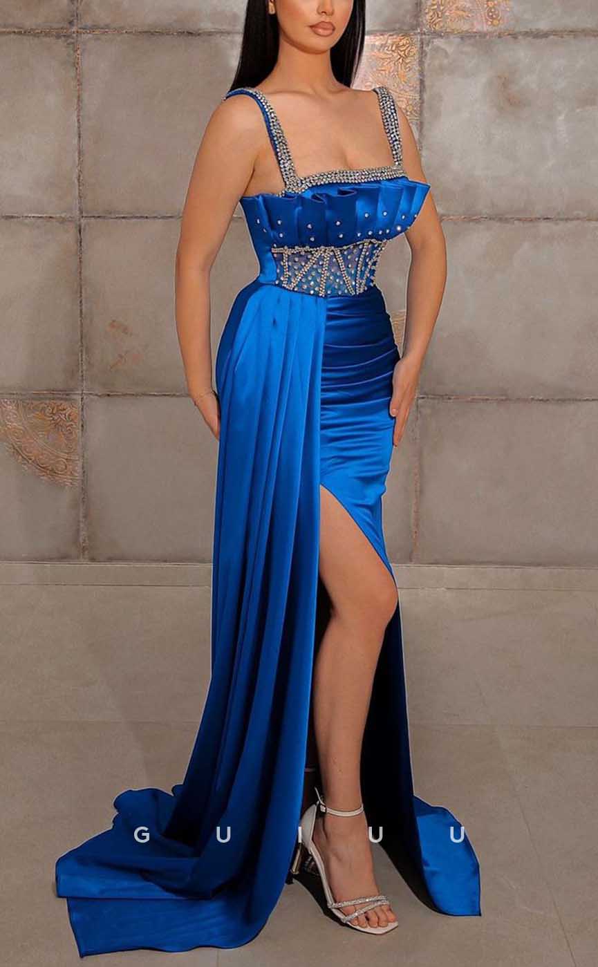 G4008 - Sexy & Hot Sheath Square Straps Beaded and Draped Evening Party Prom Dress with High Side Slit and Overlay