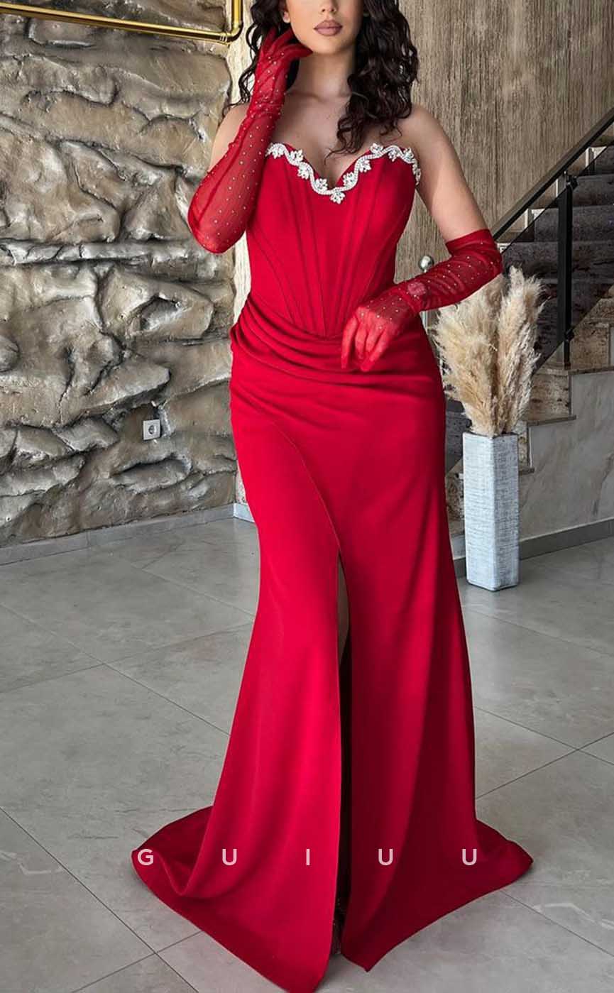 G4012 - Chic & Modern Sheath V-Neck Beaded and Draped Formal Party Prom Dress with Long Gloves and High Slit