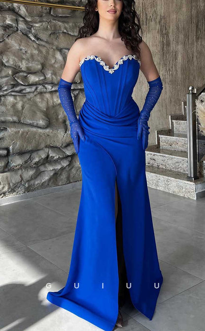 G4012 - Chic & Modern Sheath V-Neck Beaded and Draped Formal Party Prom Dress with Long Gloves and High Slit