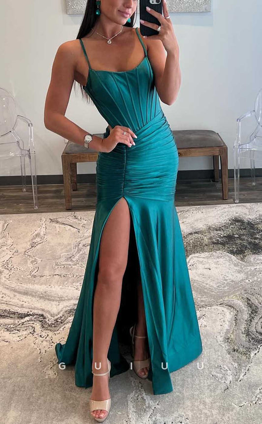 G4022 - Sexy & Hot Trumpet Scoop Straps Draped Evening Party Prom Dress with High Side Slit
