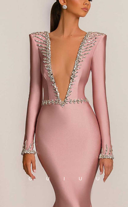 G4044 - Chic & Modern Mermaid Plunging V-neck Beaded Evening Party Prom Dress with Long Sleeves and Sweep Train