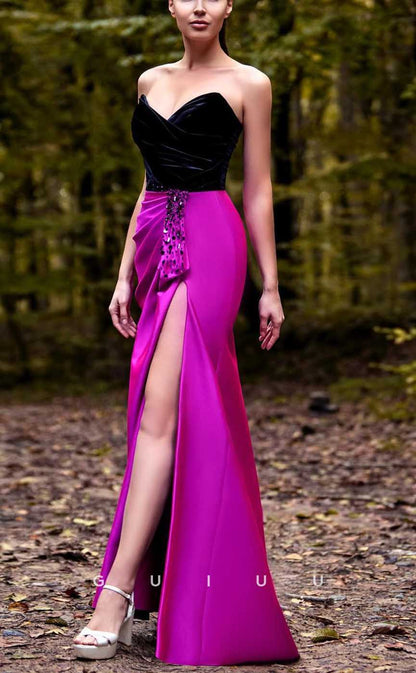 G4053 - Sexy & Hot Sheath V-Neck Draped and Floral Beaded Evening Party Prom Dress with High Side Slit