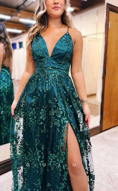 G4063 - Chic & Modern A-Line V-Neck Straps Fully Floral Appliqued and Sequined Evening Party Prom Dress with High Side Slit