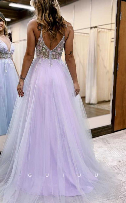 G4064 - Chic & Modern A-Line V-Neck Straps Floral Embossed and Beaded Evening Party Prom Dress with High Side Slit