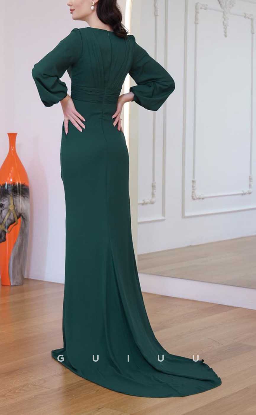 G4083 - Classic & Timeless Sheath V-Neck Draped Formal Party Prom Dress with Long Bishop Sleeves and Sweep Train