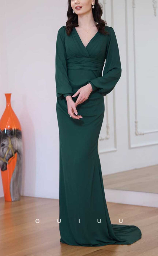 G4083 - Classic & Timeless Sheath V-Neck Draped Formal Party Prom Dress with Long Bishop Sleeves and Sweep Train