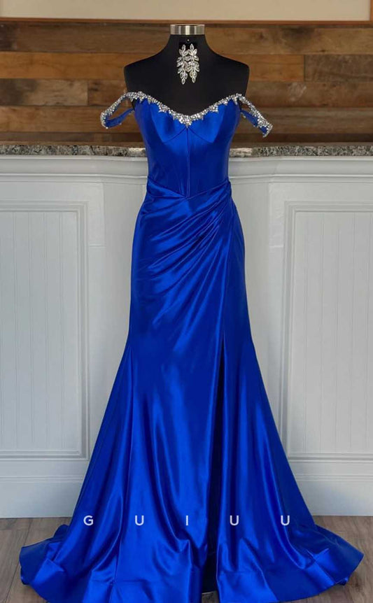 G4084 - Chic & Modern Mermaid Off Shoulder Draped and Beaded Formal Gown Prom Dress with High Side Slit and Sweep Train