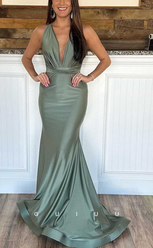 G4086 - Sexy & Hot Trumpet V-Neck Halter Draped Evening Gown Prom Dress with Sweep Train