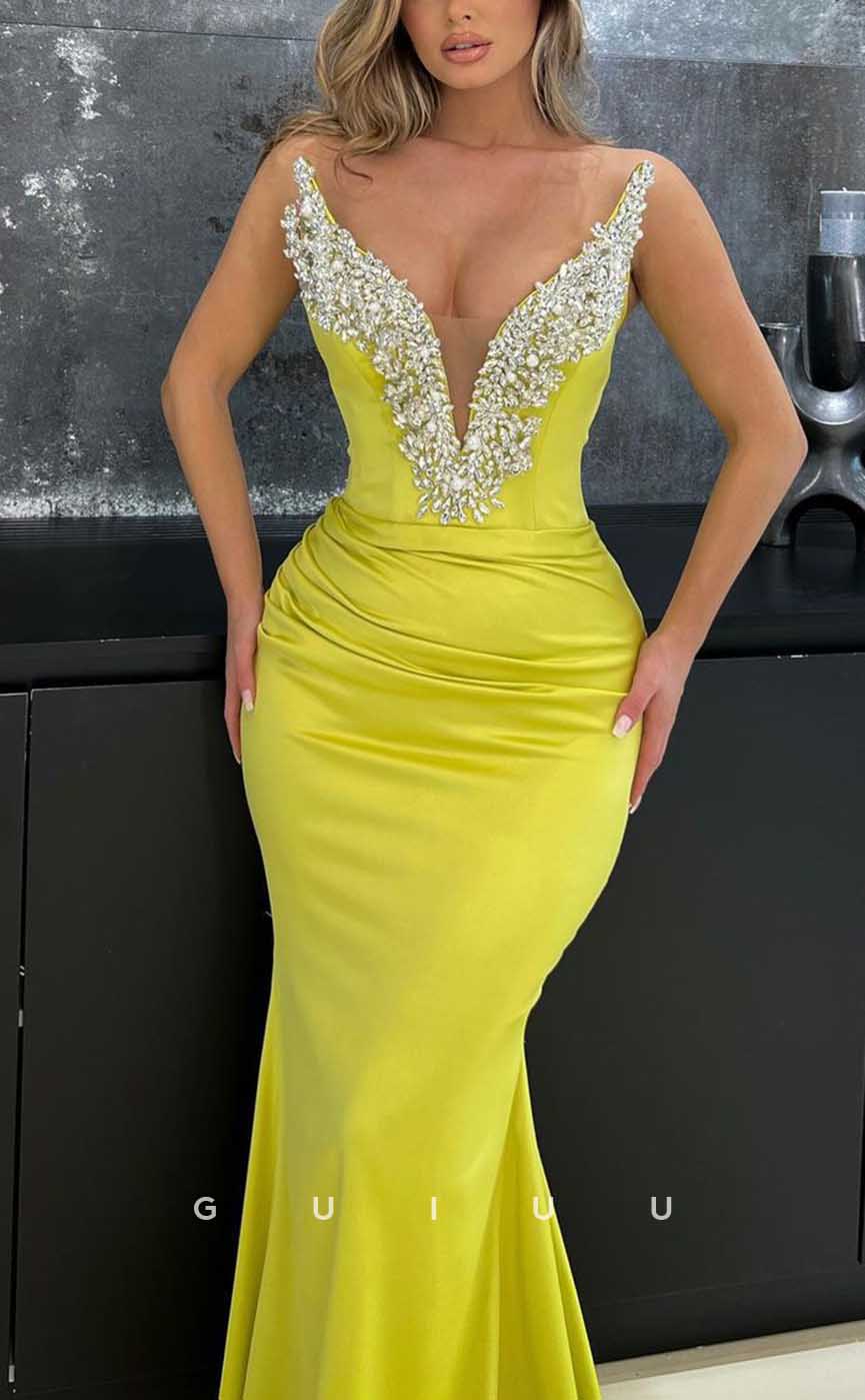 G4096 - Sexy & Hot Mermaid V-Neck Draped and Beaded Party Gown Prom Dress with Sweep Train