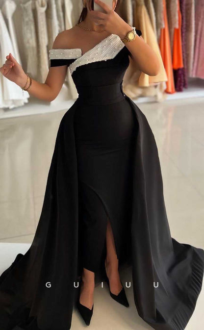 G4100 - Chic & Modern Sheath Asymmetrical Beaded and Draped Ankle-Length Formal Gown Prom Dress with Overlay