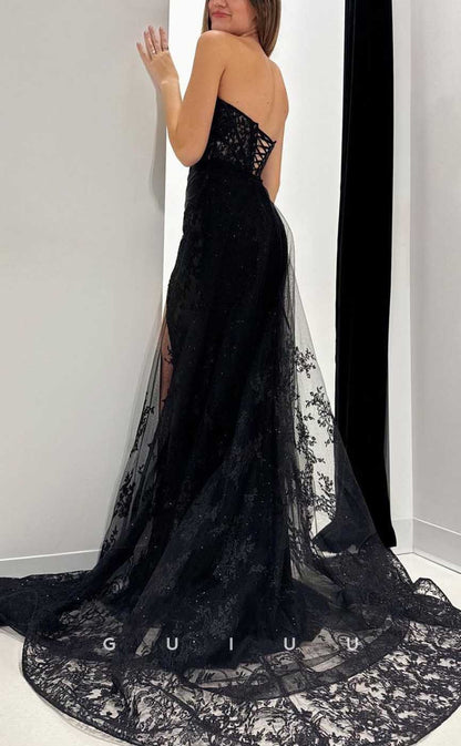 G4122 - Chic & Modern Mermaid Strapless Allover Lace Evening Party Gown Prom Dress with High Side Slit and Sweep Train