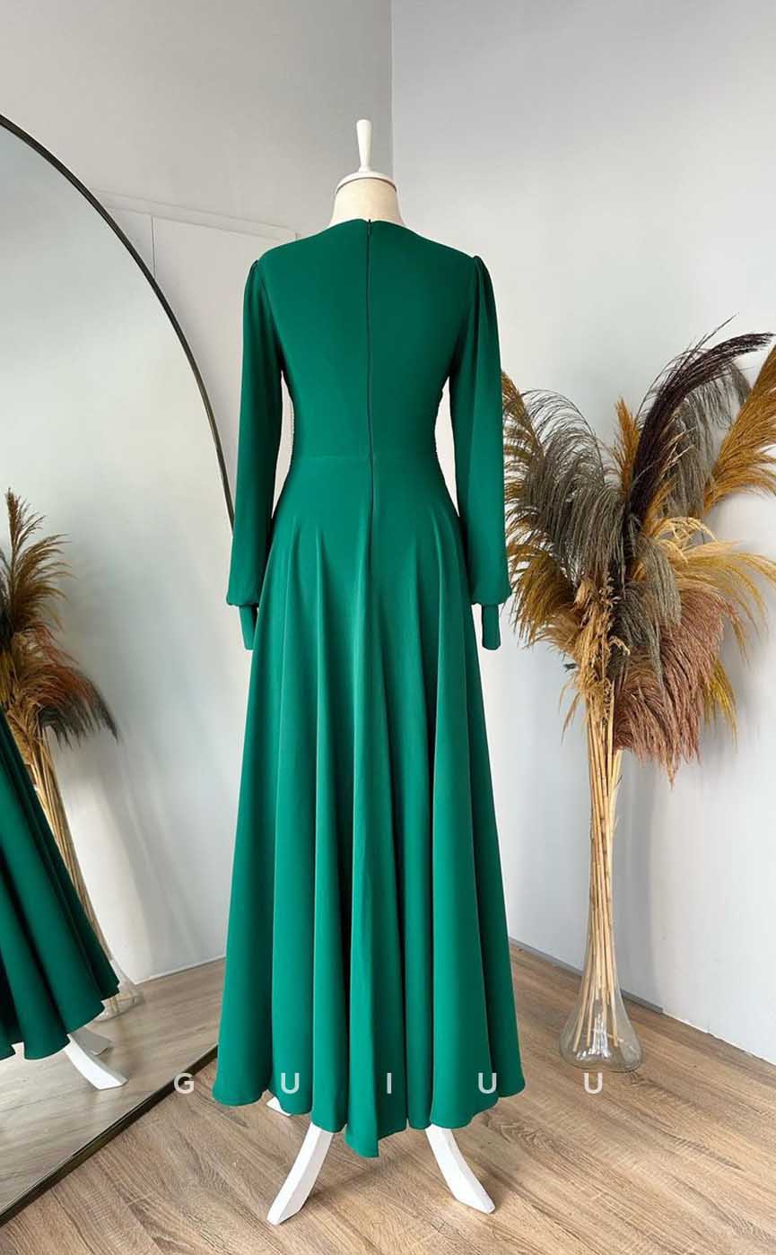 G4125 -Chic & Modern A-Line Scoop Draped and Pleated Formal Gown Prom Dress with Long Bishop Sleeves