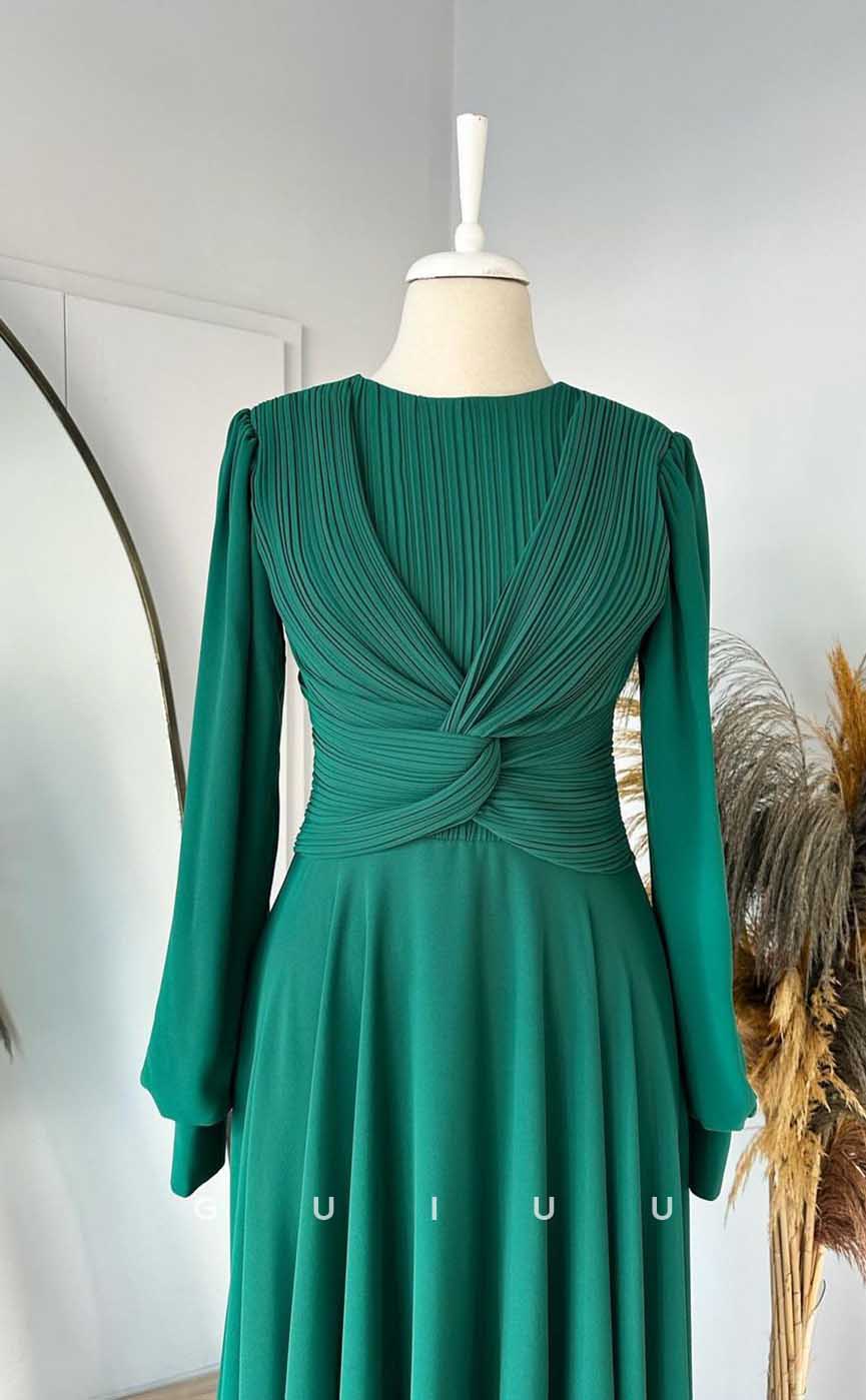 G4125 -Chic & Modern A-Line Scoop Draped and Pleated Formal Gown Prom Dress with Long Bishop Sleeves