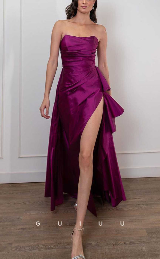 G4143 - Chic & Modern A-Line Strapless Draped Evening Gown Prom Dress with High Side Slit and Ruffles