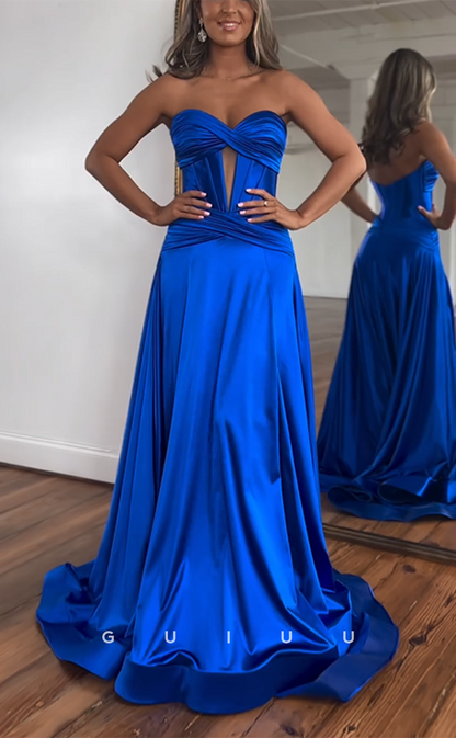 G4159 - Chic & Modern Sheath V-Neck Strapless Cut-Outs Draped Party Gown Prom Dress with High Side Slit