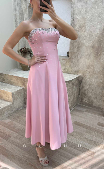 G4169 - Chic & Modern A-Line Strapless Beaded and Draped Ankle-Length Evening Gown Prom Dress