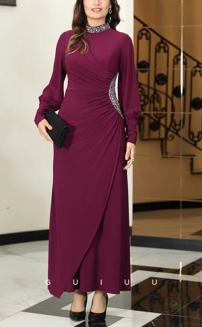 G4186 - Classic & Timeless Sheath Scoop Beaded and Draped Formal Party Prom Dress with Long Bishop Sleeves