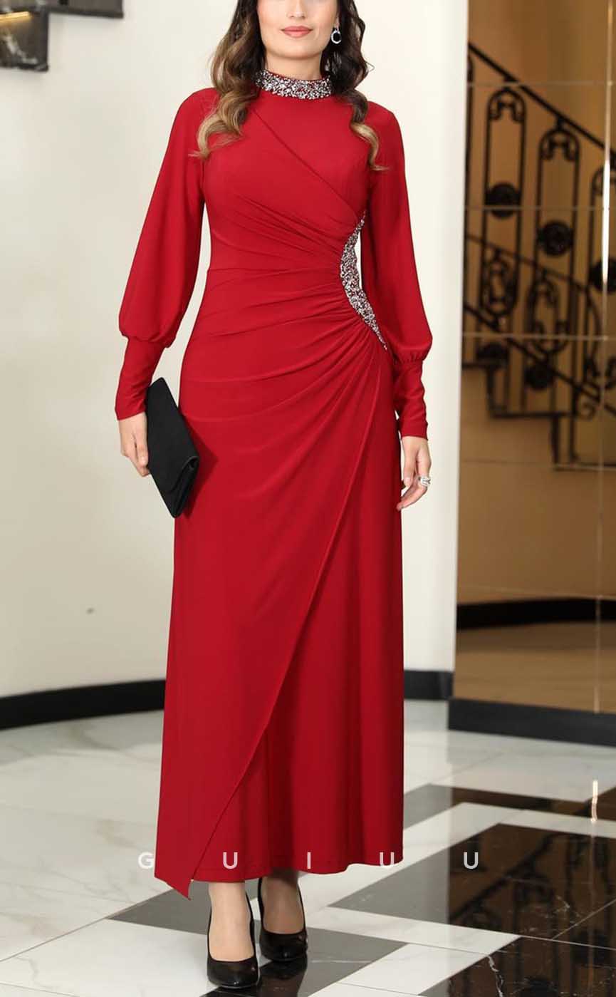 G4186 - Classic & Timeless Sheath Scoop Beaded and Draped Formal Party Prom Dress with Long Bishop Sleeves