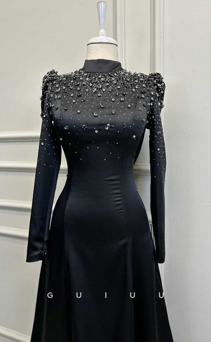 G4201 - Classic & Timeless A-Line High Neck Beaded and Draped Formal Party Prom Dress with Long Sleeves