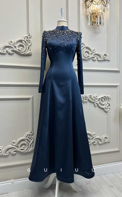 G4201 - Classic & Timeless A-Line High Neck Beaded and Draped Formal Party Prom Dress with Long Sleeves