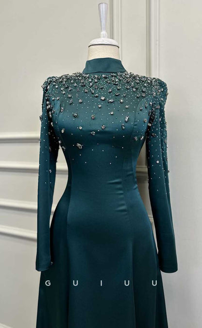 G4201 - Classic & Timeless A-Line High Neck Beaded and Draped Formal Party Prom Dress with Long Sleeves