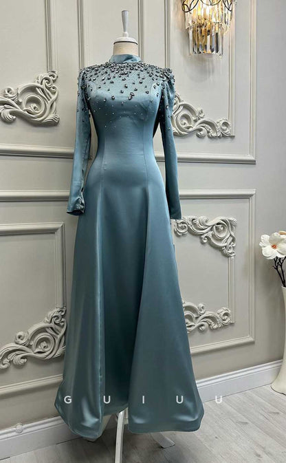 G4201 - Classic & Timeless A-Line High Neck Beaded and Draped Formal Party Prom Dress with Long Sleeves