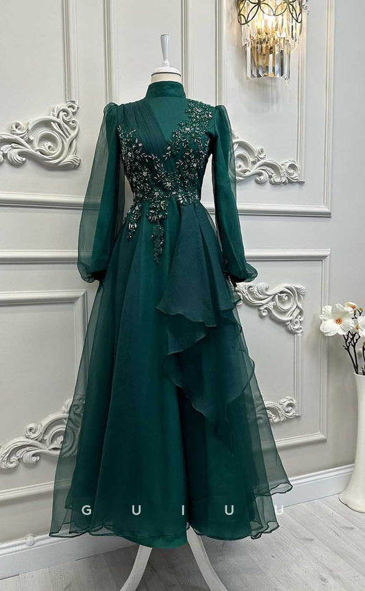 G4202 - Classic & Timeless A-Line High Neck Floral Beaded and Draped Formal Party Prom Dress with Long Bishop Sleeves and Ruffles