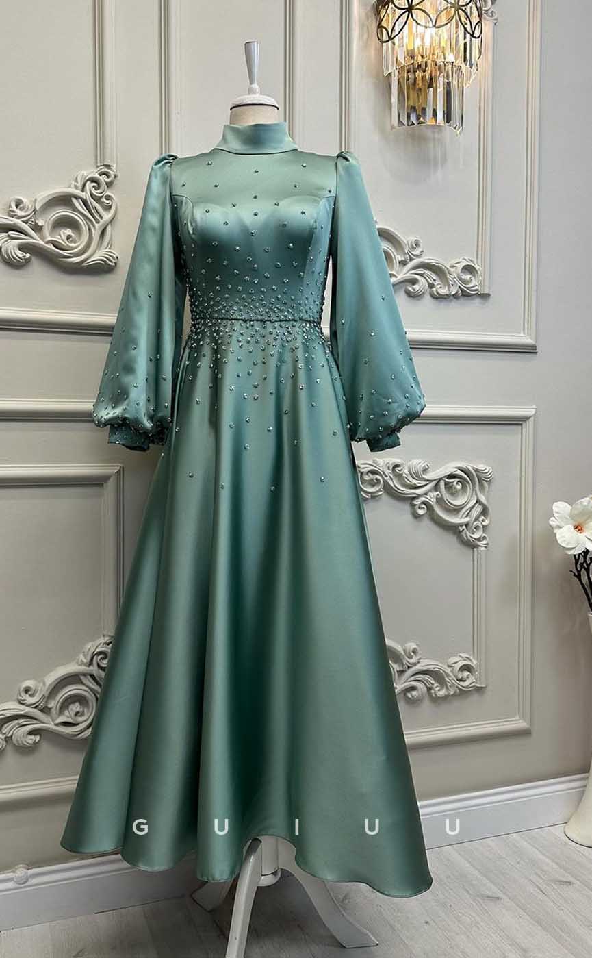 G4208 - Classic & Timeless A-Line High Neck Draped and Beaded Formal Party Prom Dress with Long Bishop Sleeves