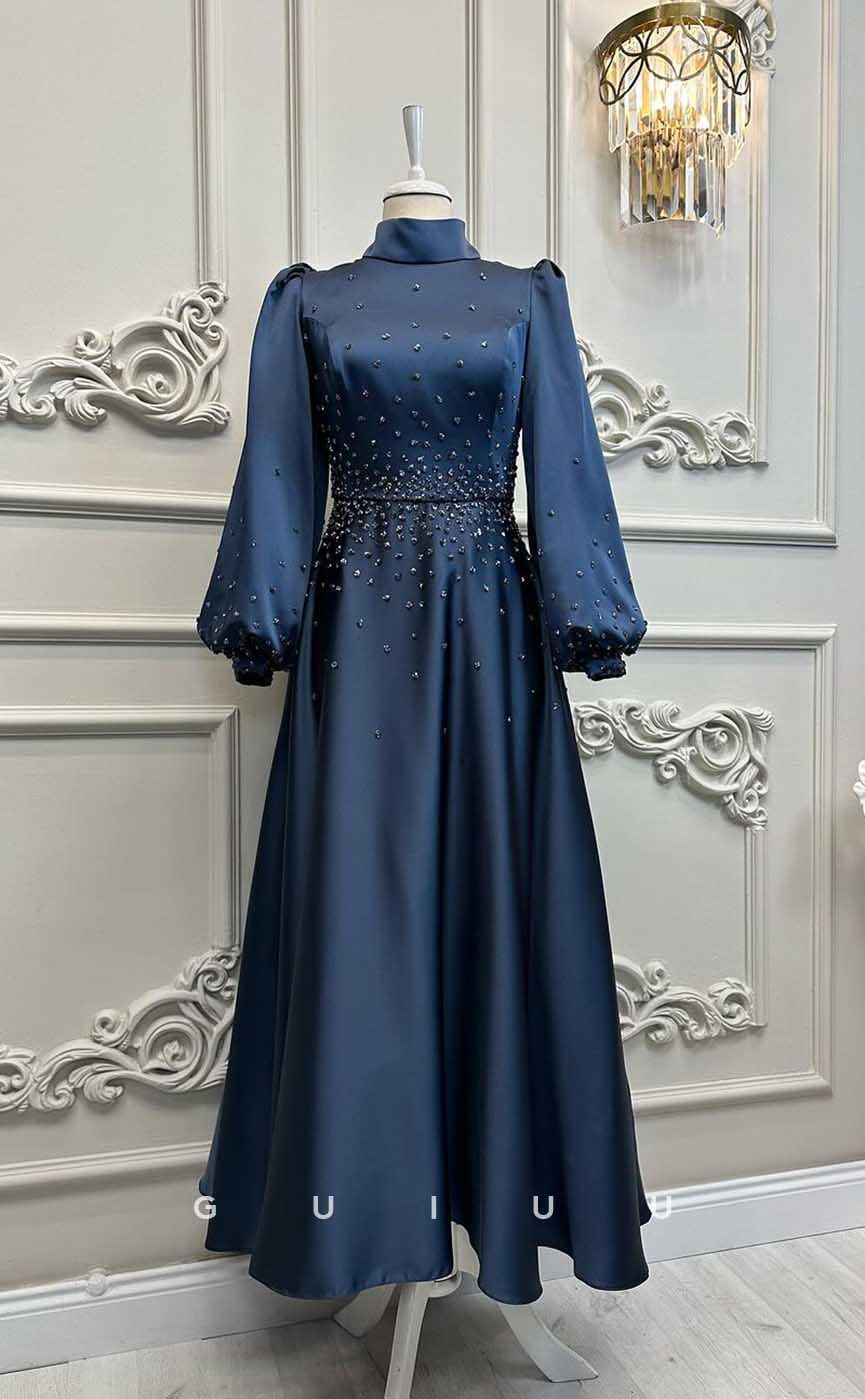 G4208 - Classic & Timeless A-Line High Neck Draped and Beaded Formal Party Prom Dress with Long Bishop Sleeves