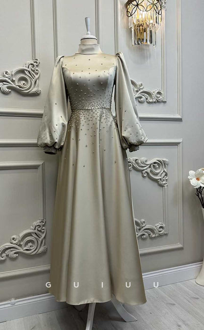 G4208 - Classic & Timeless A-Line High Neck Draped and Beaded Formal Party Prom Dress with Long Bishop Sleeves