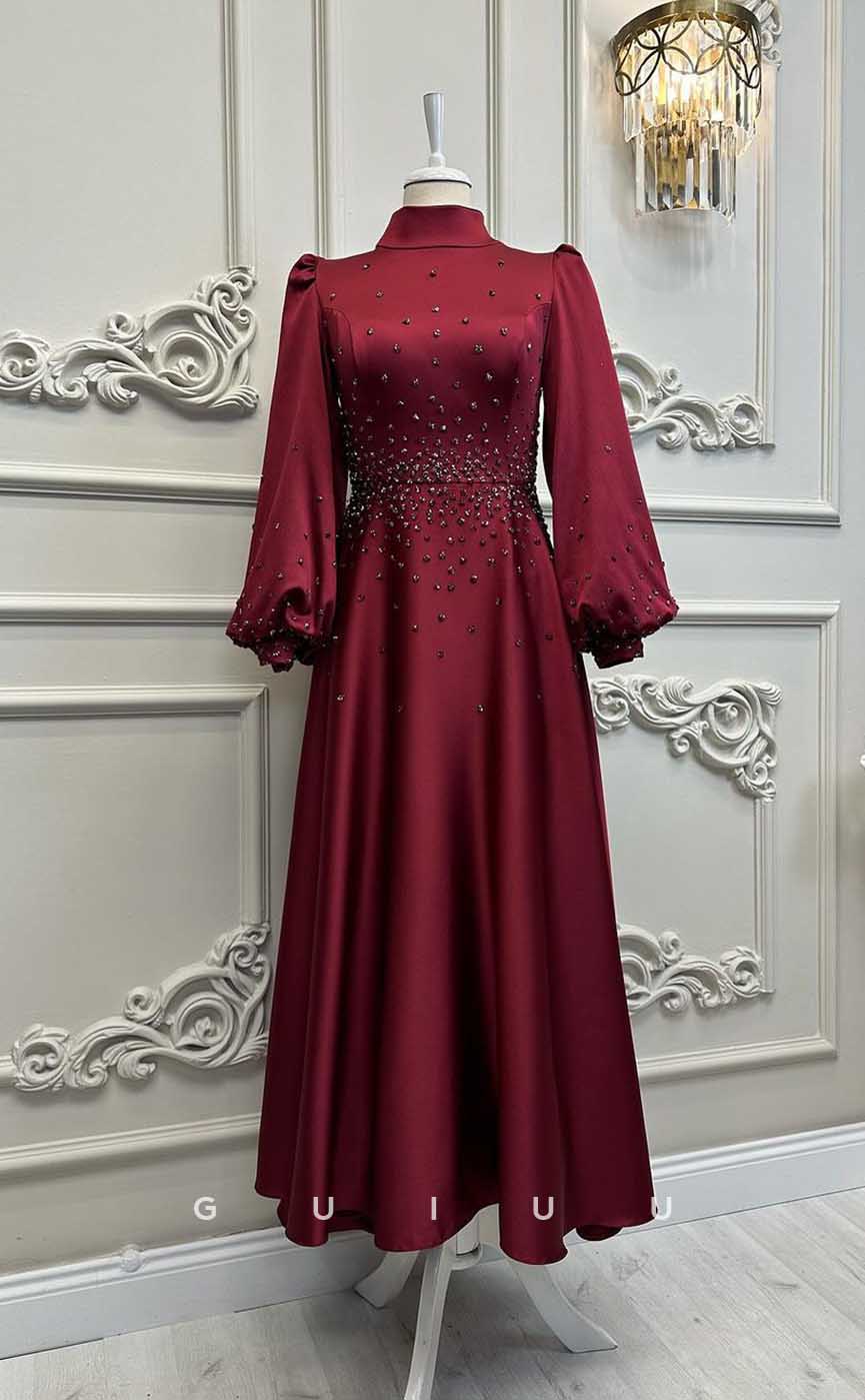 G4208 - Classic & Timeless A-Line High Neck Draped and Beaded Formal Party Prom Dress with Long Bishop Sleeves