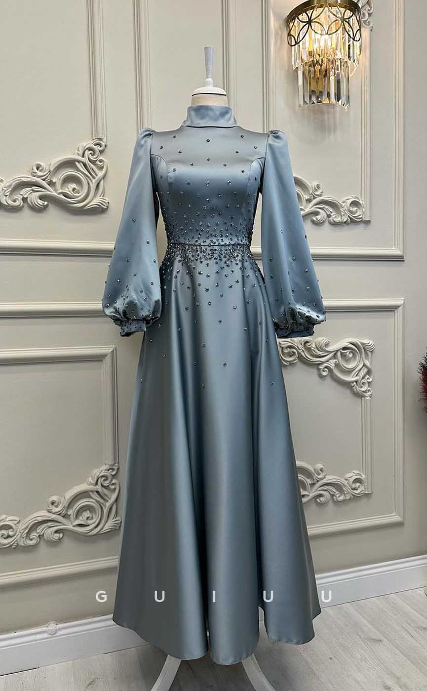 G4208 - Classic & Timeless A-Line High Neck Draped and Beaded Formal Party Prom Dress with Long Bishop Sleeves