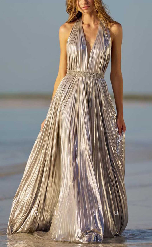 G4221 - Chic & Modern A-Line V-Neck Halter Beaded and Pleated Evening Gown Prom Dress with High Side Slit