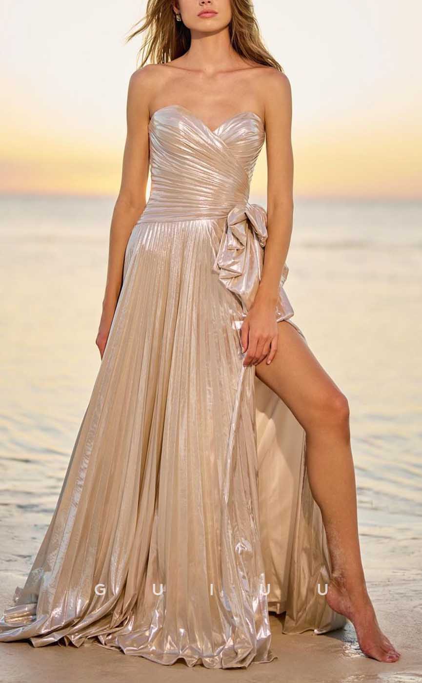 G4222 - Chic & Modern A-Line V-Neck Pleated and Floral Embossed Evening Party Prom Dress with High Side Slit