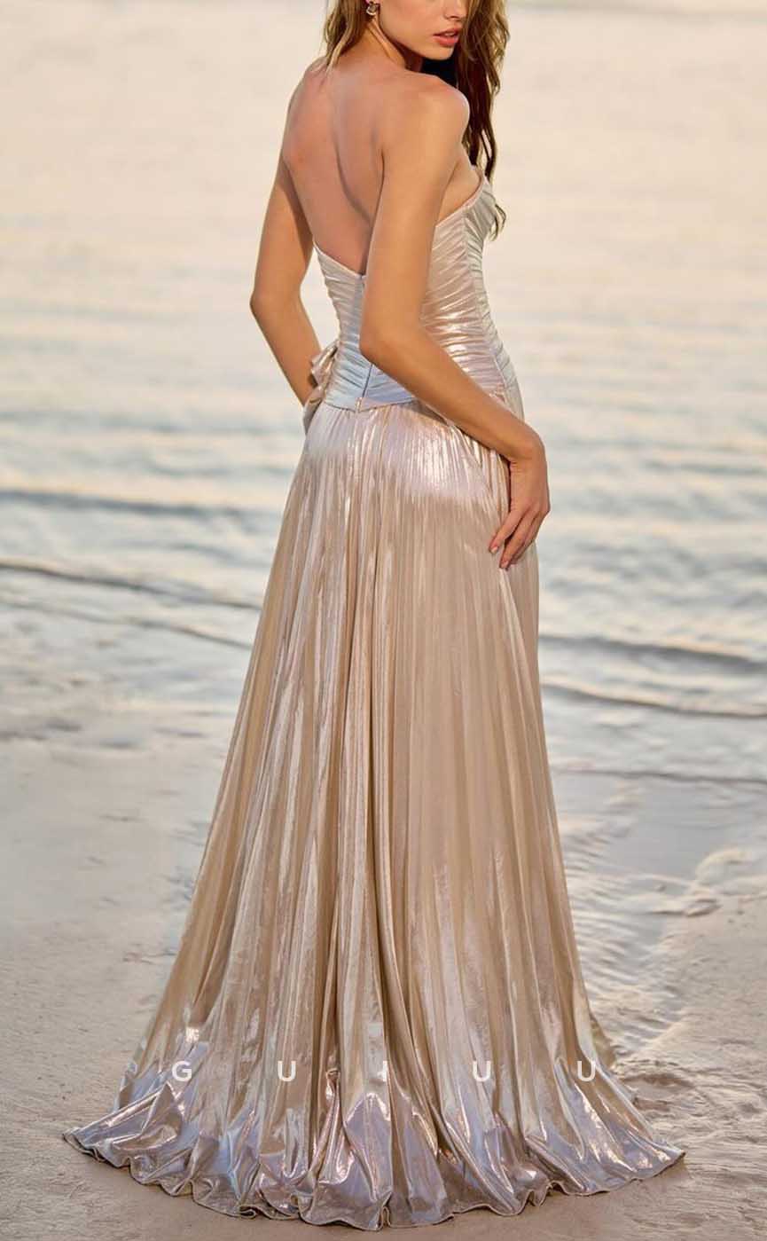 G4222 - Chic & Modern A-Line V-Neck Pleated and Floral Embossed Evening Party Prom Dress with High Side Slit