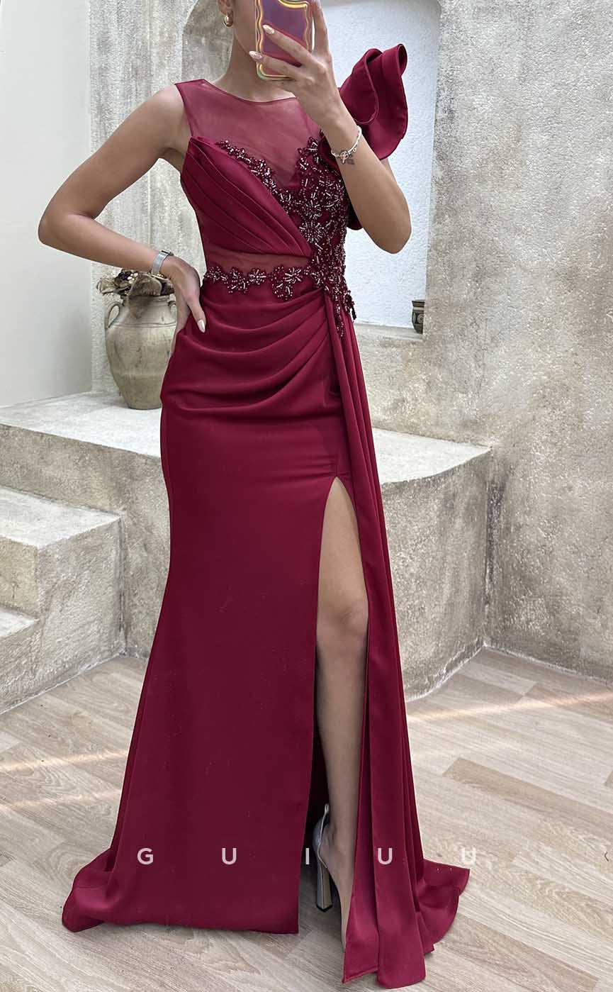 G4232 - Chic & Modern Sheath Scoop Beaded and Ruched Evening Gown Prom Dress with High Side Slit