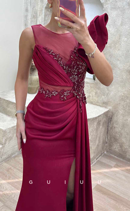 G4232 - Chic & Modern Sheath Scoop Beaded and Ruched Evening Gown Prom Dress with High Side Slit