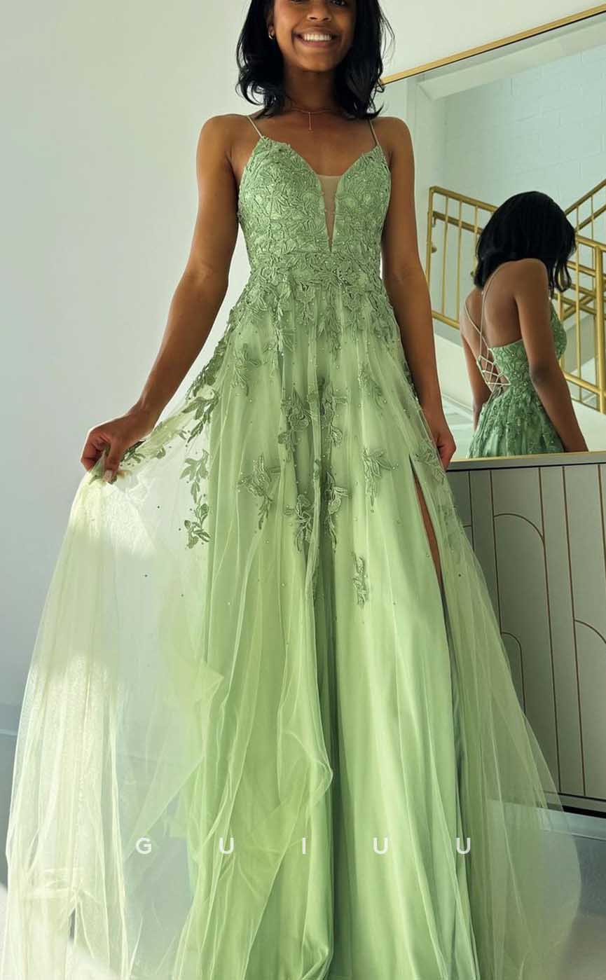 G4276 - Chic & Modern A-Line V-Neck Floral Appliqued and Draped Evening Gown Prom Dress with High Side Slit