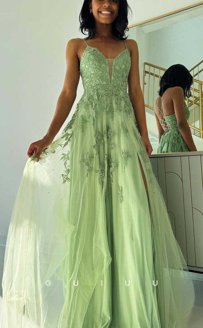 G4276 - Chic & Modern A-Line V-Neck Floral Appliqued and Draped Evening Gown Prom Dress with High Side Slit