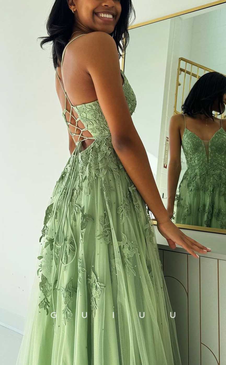 G4276 - Chic & Modern A-Line V-Neck Floral Appliqued and Draped Evening Gown Prom Dress with High Side Slit