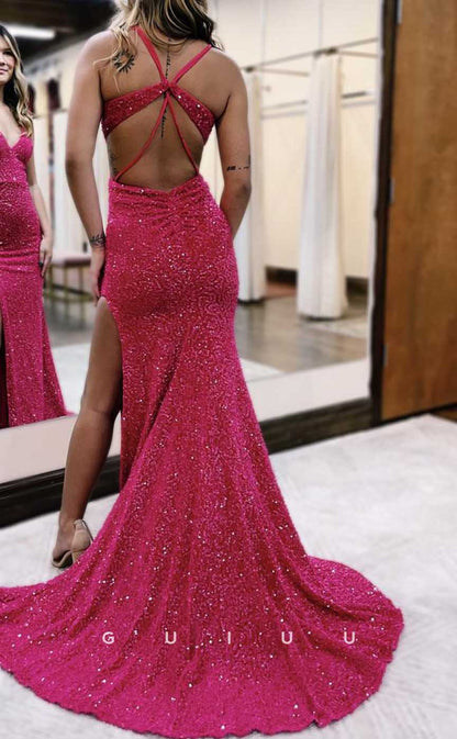 G4280 - Sexy & Hot Sheath V-Neck Fully Sequined Evening Party Prom Dress with Cut-Outs and High Side Slit