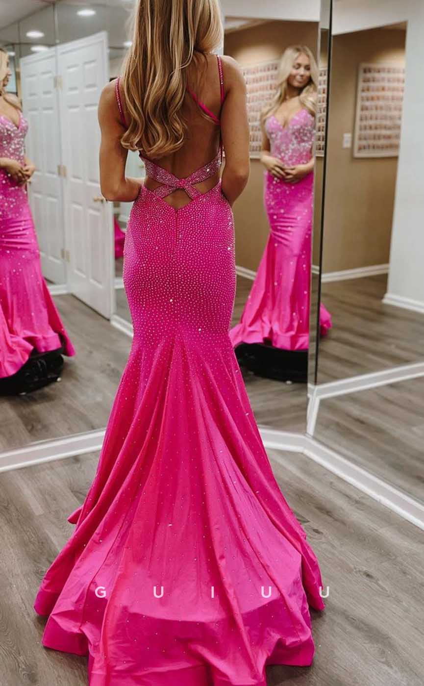 G4290 - Sexy & Hot Mermaid V-Neck Fully Beaded and Ruched Evening Party Prom Dress with Sweep Train