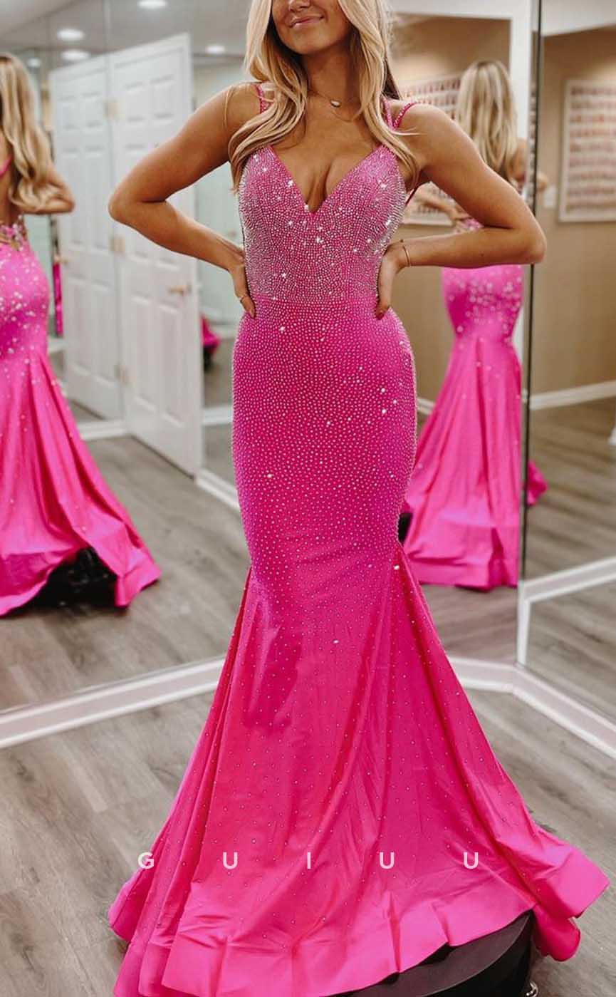 G4290 - Sexy & Hot Mermaid V-Neck Fully Beaded and Ruched Evening Party Prom Dress with Sweep Train