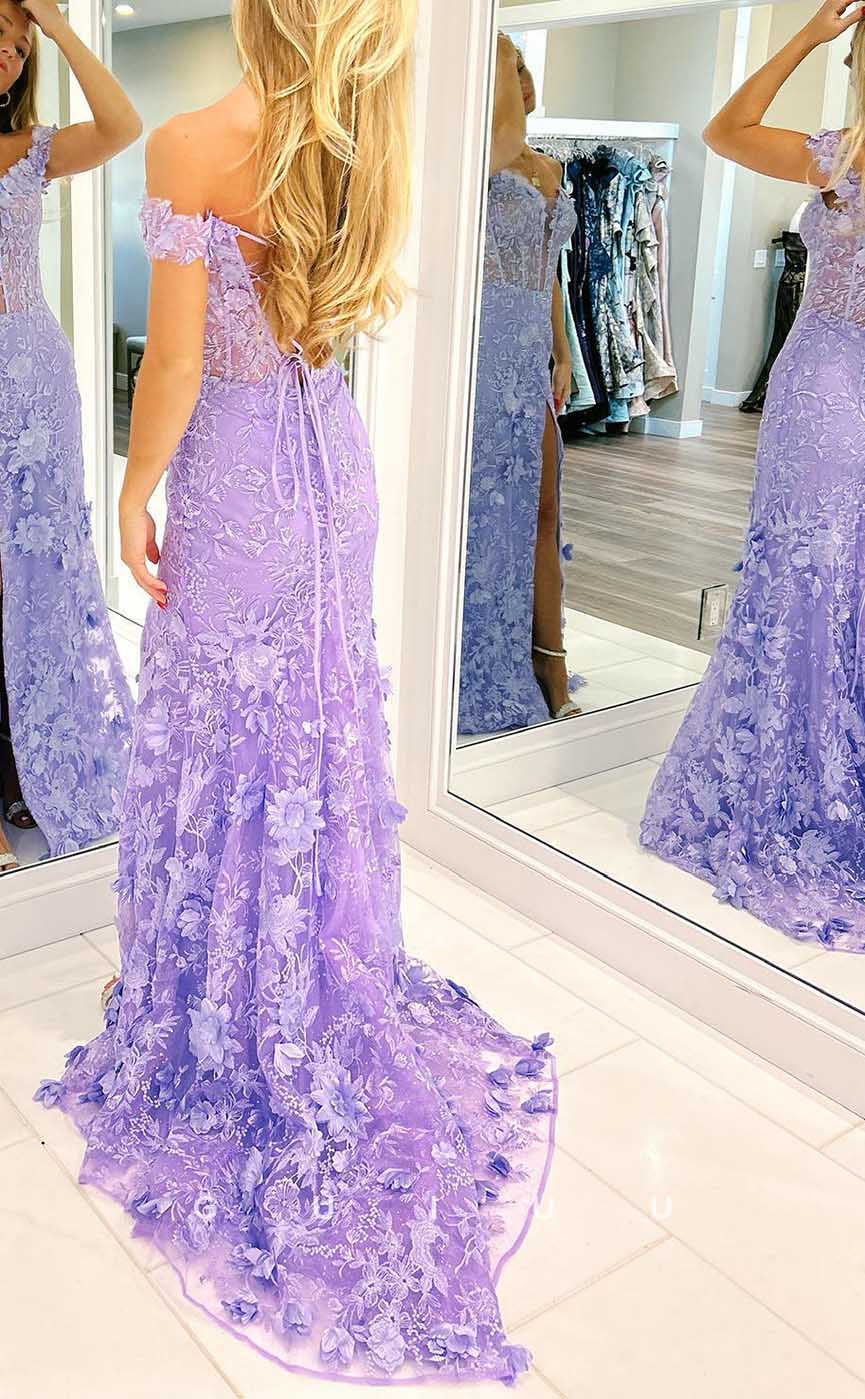 G4292 - Sexy & Hot Sheath Off Shoulder Fully Floral Appliqued and Sequined Evening Gown Prom Dress with High Side Slit