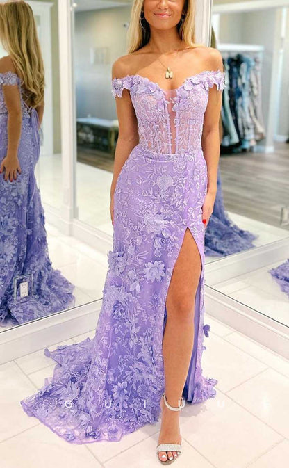 G4292 - Sexy & Hot Sheath Off Shoulder Fully Floral Appliqued and Sequined Evening Gown Prom Dress with High Side Slit