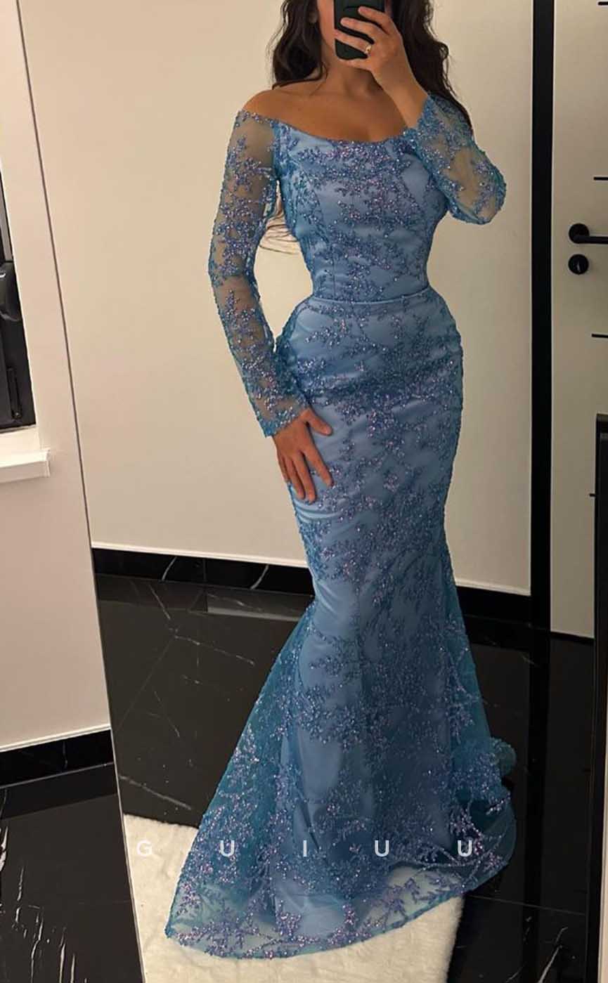 G4293 - Chic & Modern Mermaid Off Shoulder Fully Floral Beaded Evening Party Prom Dress with Long Sleeves