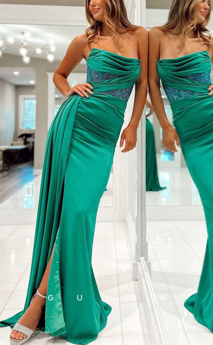 G4300 - Chic & Modern Sheath Strapless Beaded and Ruched Evening Gown Prom Dress with High Side Slit and Overlay